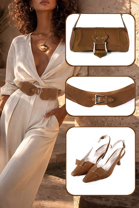 Women's caramel brown elegant slingback heels, with a bow on the front. Tapered toe. Medium spool heels - Top view